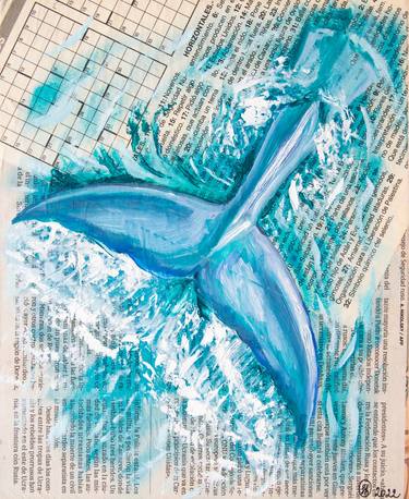 Whale Painting Ocean Original Oil Art 10 by 8 Newspaper Seafood thumb