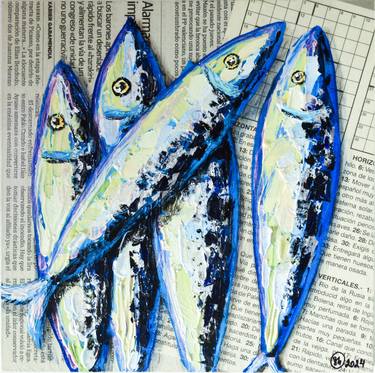 Sardine Fish Blue Oil Painting French Mermaid Newspaper Art thumb