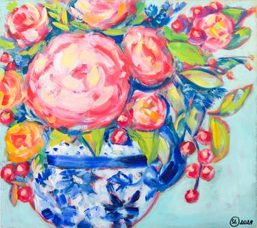 Preppy Floral Wall Art - Peonies Painting for Kitchen Decor thumb