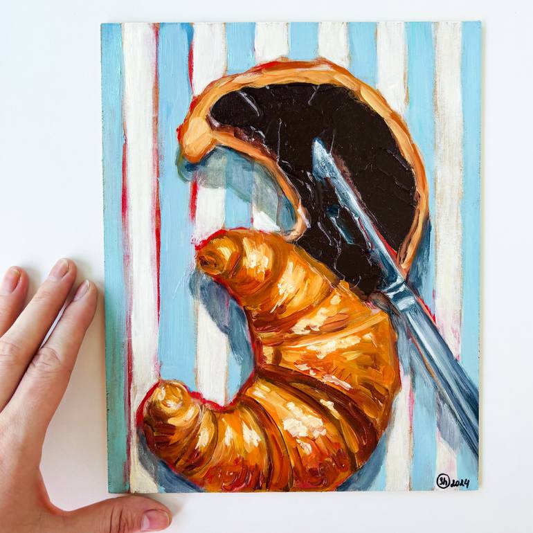 Impasto Croissant Still Life Oil Painting Original Food Decor