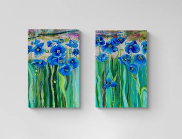 Blue anemones diptych- oil painting on linen canvas 2 panels thumb