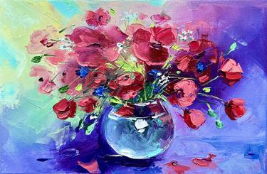 Bouquet of red poppies - small oil painting on canvas thumb