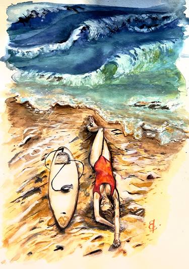 SEXY IN RED Original watercolor painting, small format, surf, home decor, wall painting thumb