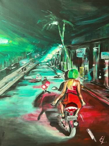 Behind him/Original painting motobike, love, romance, night city thumb