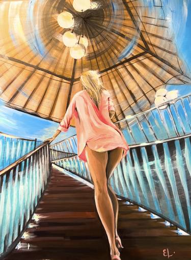 ON THE BEACH/ original painting big size, beach, coast, ocean, girl, beautiful legs thumb