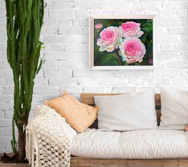 Roses in the garden - framed oil painting in a white frame thumb