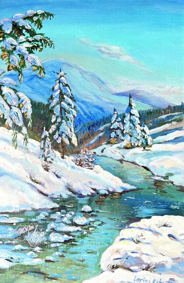Mountain river in winter - original oil painting and print thumb