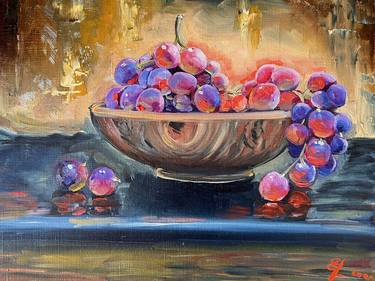 GRAPES IN A WOODEN BOWL - OIL PAINTING ON CANVAS thumb