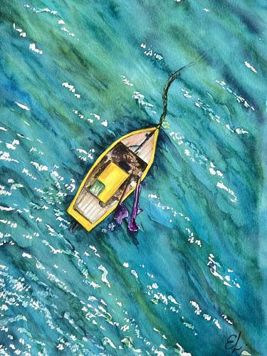 YELLOW BOAT IN THE SEA - ORIGINAL WATERCOLOR PAINTING thumb