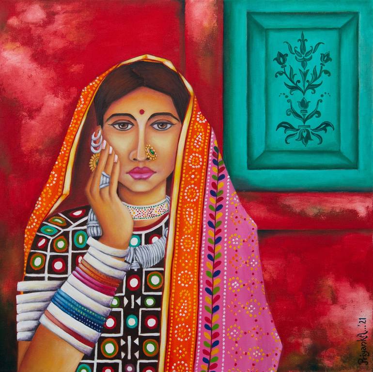 Empathy - Indian Rajasthani woman with rural art in the background Painting  by Priyanka Gawande | Saatchi Art