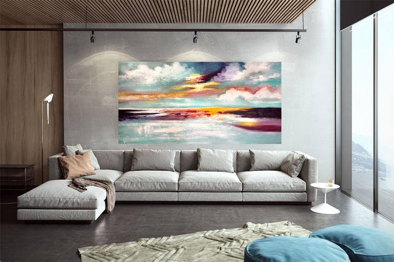Original Seascape Painting by Mohit Kalra | Art Deco Art on Canvas | Sunrise Painting at Ocean, Seascape painting with Sun & Clouds