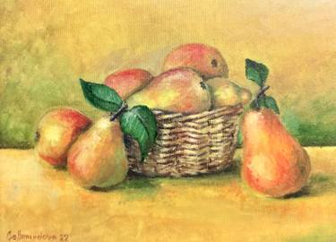 Pears in a basket, oil painting. thumb