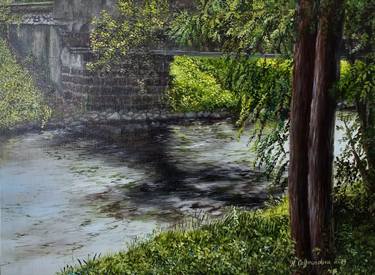 Bridge over Běla, Bílina. Oil painting. thumb