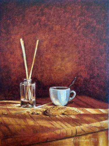 Coffee with biscuits, oil painting. thumb