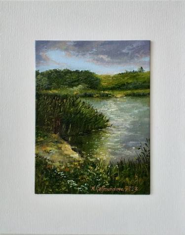 Pond after rain, oil painting. thumb