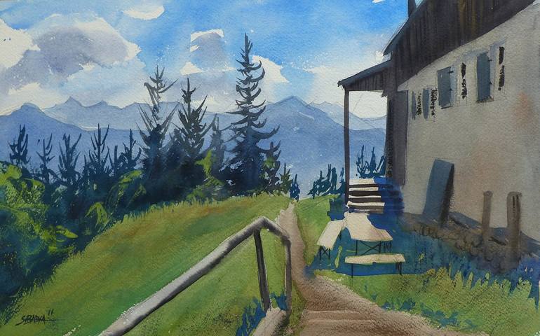 Original Landscape Painting by Sebastien Badia | Figurative Art on Paper | A farm in the Alps