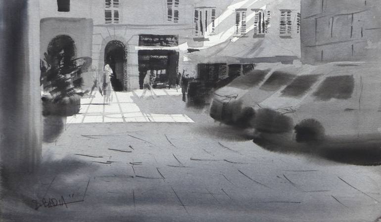 Original Architecture Painting by Sebastien Badia | Figurative Art on Paper | A street - black and white