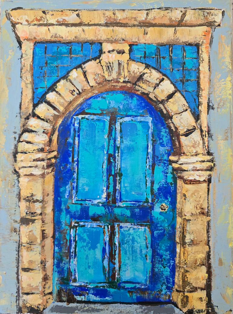 Original Architecture Painting by Eugenia Chicu Touma | Impressionism Art on Canvas | Blue vintage and traditional old door