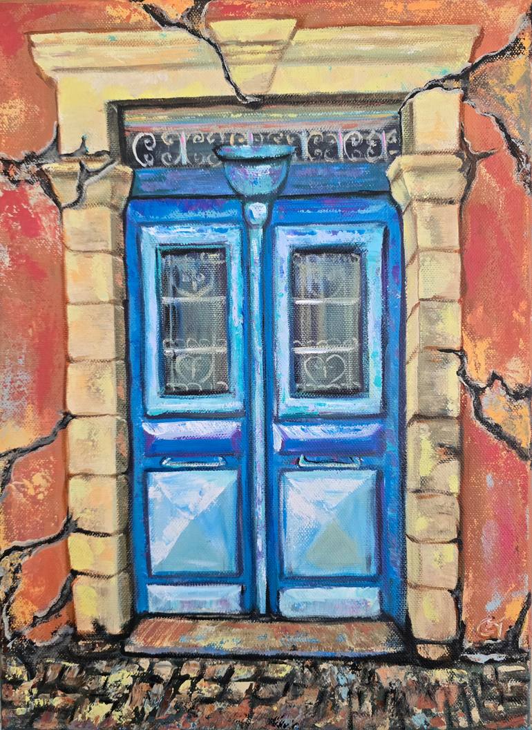 Original Architecture Painting by Eugenia Chicu Touma | Impressionism Art on Canvas | Cyprus Old traditional and Vintage door