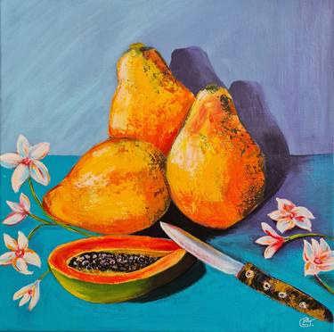 Viva la Papaya! papaya fruits painting, tropical fruits, tropical flowers thumb