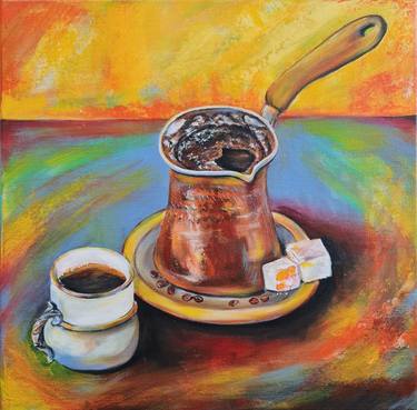 Mediterranean Coffee original acrylic painting, still life, handmade art thumb