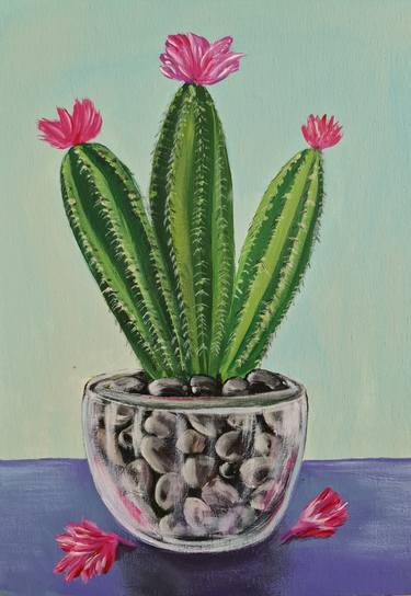 Cactus in a pot, Colorful Cactus with pink flowers thumb