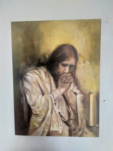 Praying man Hands Сandle  Realistic painting thumb