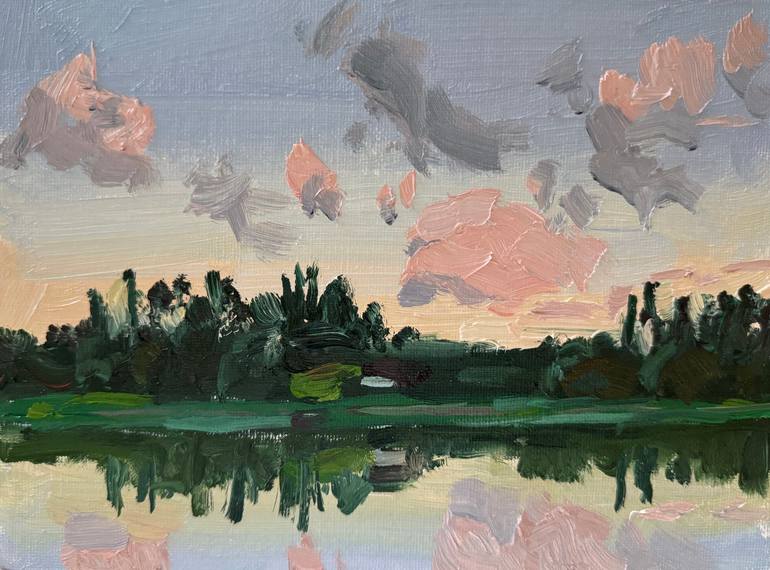 Original Landscape Painting by Kate S | Impressionism Art on Canvas | Sunset on the lake
