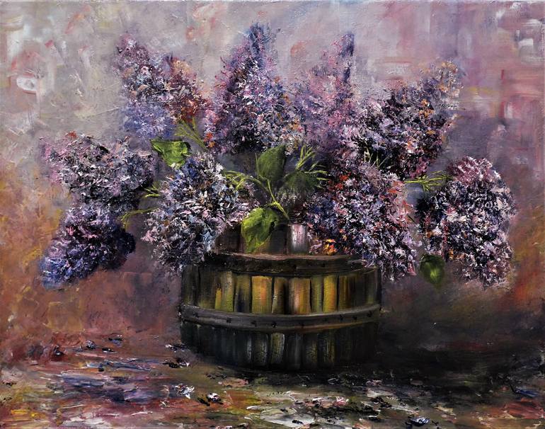 Lilacs in a barrel Painting by Daniel Ablewicz | Saatchi Art