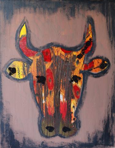 Colored abstract cow with red  flowers thumb