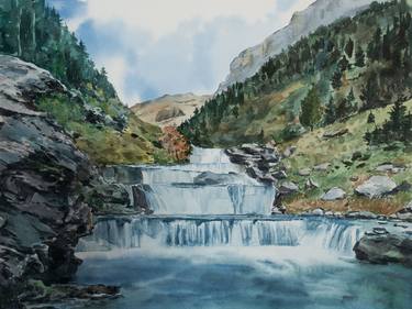 Waterfalls in Ordesa valley (Spain, Pyrenees), original watercolor thumb