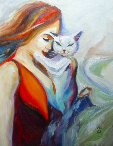 Girl with cat Original oil painting on canvas board 11x14 inches thumb