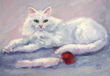 White cat with toy Animal Original oil painting canvas board A4 thumb