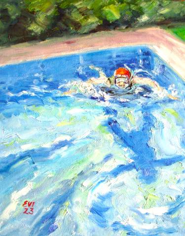 Summer joy in swimming pool Original oil painting 8x10 thumb