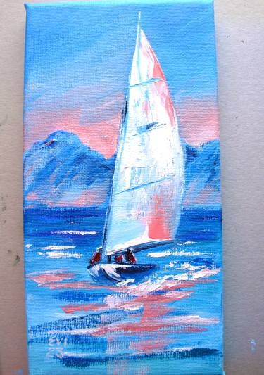 Yacht 1 of 3 Seascape Original oil painting on canvas 4x8 inches thumb