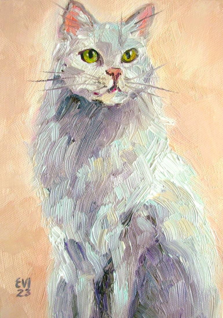 Witch Gipsy Lady Antique Signed Oil Guache Painting White Cat Cute Pet  Animal