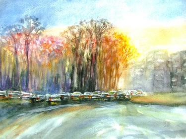 Sunset in city Cityscape Original watercolor painting paper 9x12 thumb