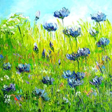 Cornflowers in meadow field Original oil painting Canvas 12x12 thumb