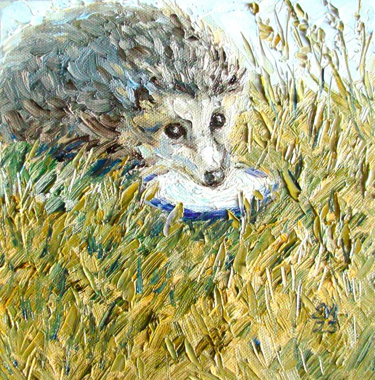 Cat in hat Animal Original oil painting canvas board 8x10 inches Painting  by Elena Ivanova