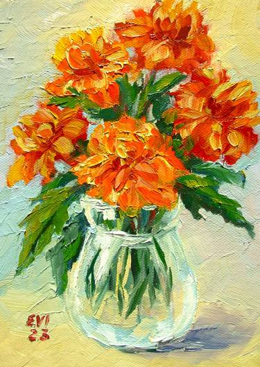 Marigold Flowers Original oil painting on canvas board A5 thumb