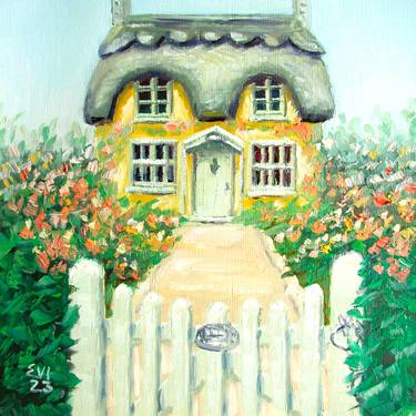 British Cottage Landscape Frame Original oil painting paper 8x8 thumb