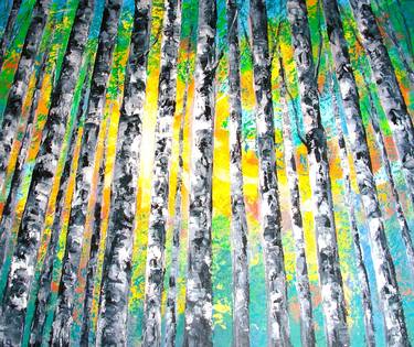 Sunlight Birch trees Landscape Original painting Canvas Abstract thumb