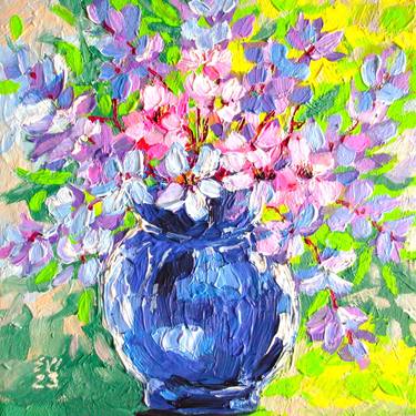 Flowers in vase Floral Original painting on canvas board 8x8 thumb