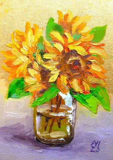 Sunflowers Floral Original oil painting on canvas board 5x7 thumb