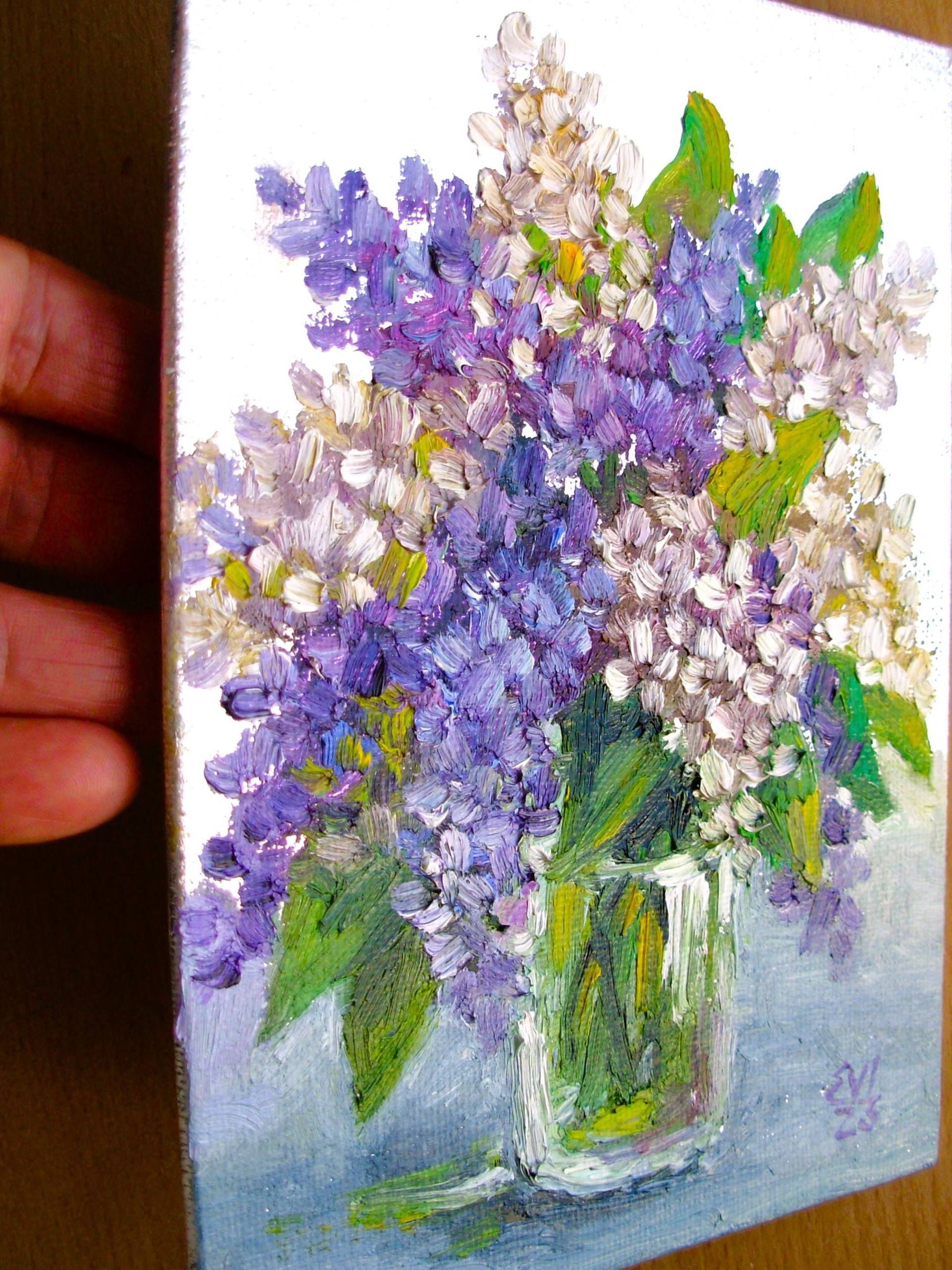 Lilac Floral Original oil painting on canvas board 5x7 Painting by