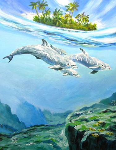Dolphins Seascape Original oil painting canvas board 11x14 inches thumb