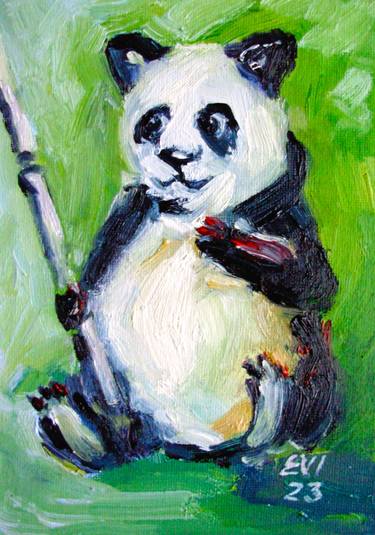 Panda Animal Original oil painting on canvas board 5x7 inches thumb