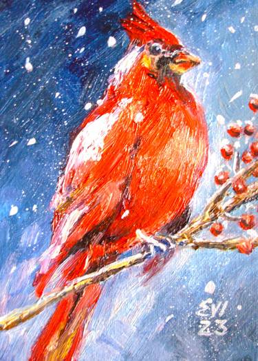 Red Cardinal Bird Original oil painting on canvas board 5x7 thumb