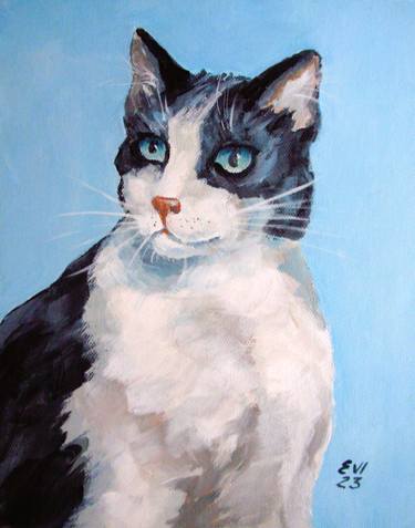 Black and white cat Animal Original acrylic painting canvas 8x10 thumb
