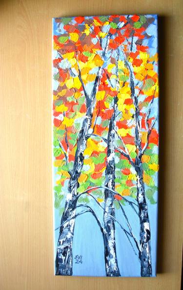 Birch trees Autumn Original painting on canvas Abstract 8x20 thumb